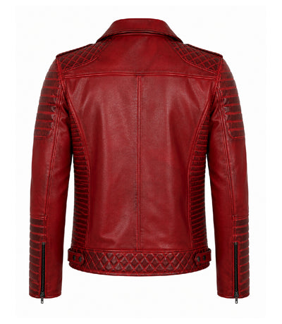 Men's Red Quilted Leather Biker Jacket Back - Jacket Aura