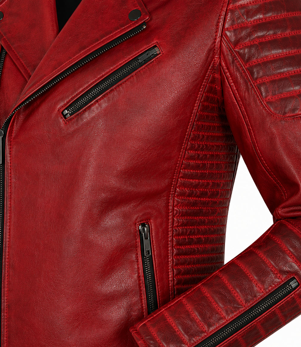 Men's Red Quilted Leather Biker Jacket Closeup - Jacket Aura