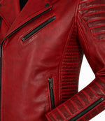 Men's Red Quilted Leather Biker Jacket Closeup - Jacket Aura