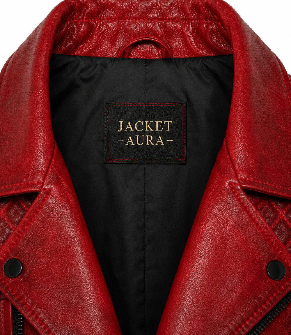 Men's Red Quilted Leather Biker Jacket Collar - Jacket Aura