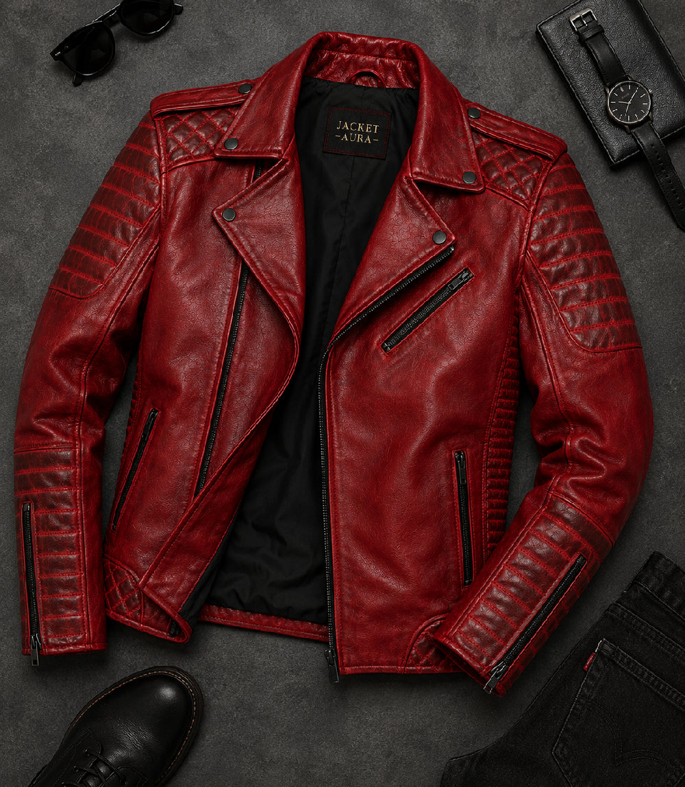 Men's Red Quilted Leather Biker Jacket Front - Jacket Aura