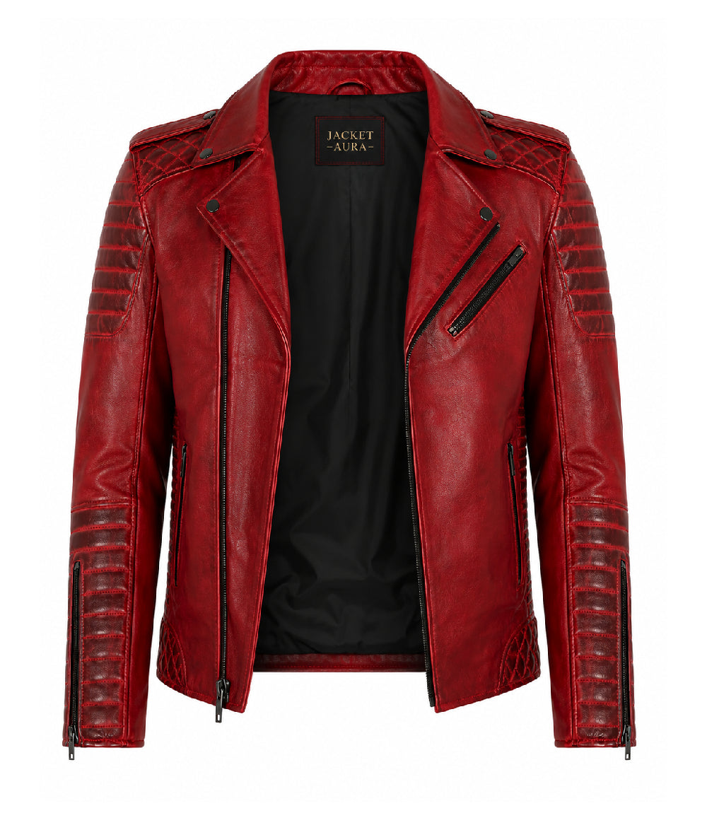 Men's Red Quilted Leather Biker Jacket Front View - Jacket Aura