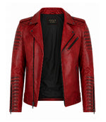Men's Red Quilted Leather Biker Jacket Front View - Jacket Aura