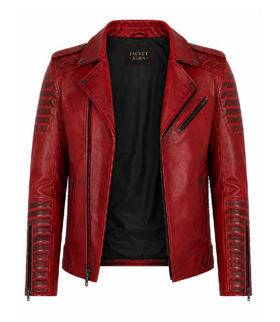Men's Red Quilted Leather Biker Jacket Front View - Jacket Aura