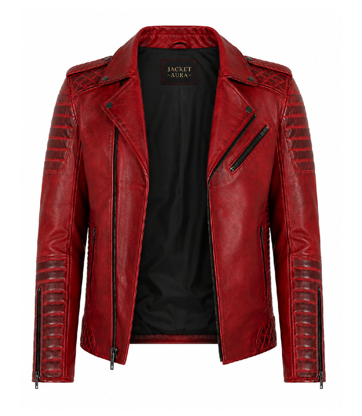 Men's Red Quilted Leather Biker Jacket Front View - Jacket Aura