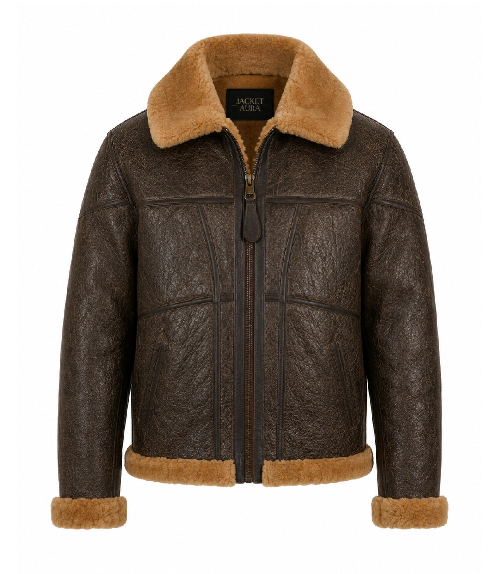 Men's Shearling Dark Brown Bomber Jacket - Jacket Aura