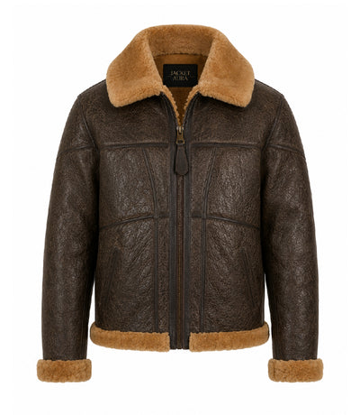Men's Shearling Dark Brown Bomber Jacket - Jacket Aura