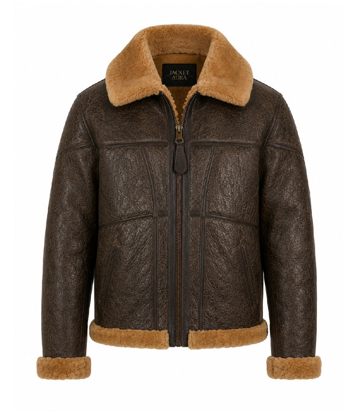 Men's Shearling Dark Brown Bomber Jacket - Jacket Aura