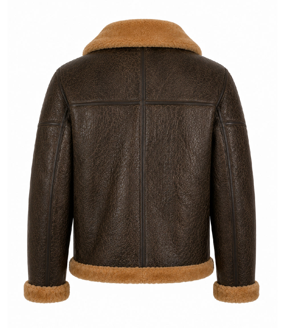 Men's Shearling Dark Brown Bomber Jacket Back - Jacket Aura