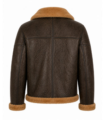 Men's Shearling Dark Brown Bomber Jacket Back - Jacket Aura