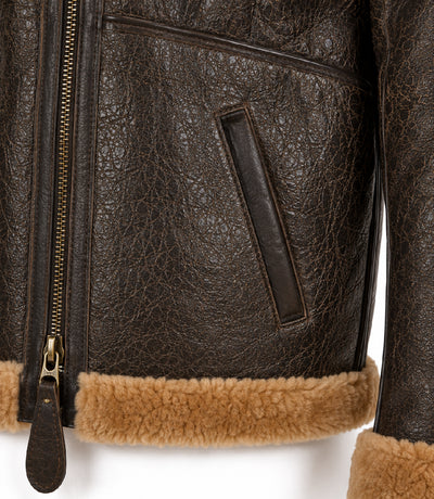 Men's Shearling Dark Brown Bomber Jacket Closeup - Jacket Aura