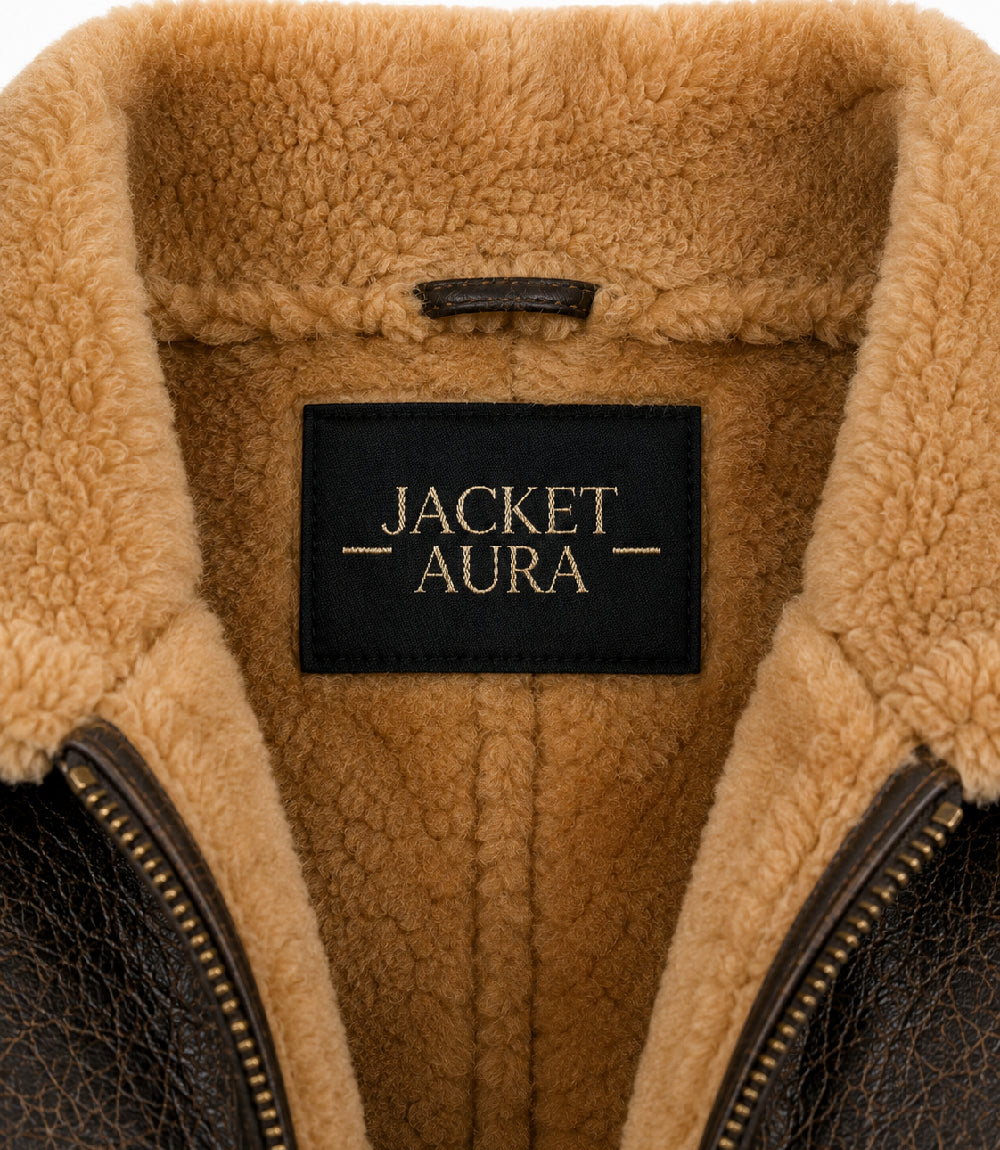 Men's Shearling Dark Brown Bomber Jacket Collar - Jacket Aura