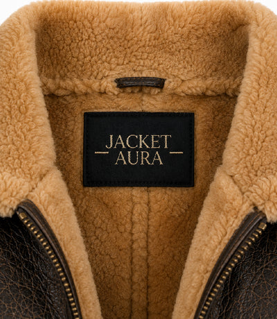 Men's Shearling Dark Brown Bomber Jacket Collar - Jacket Aura