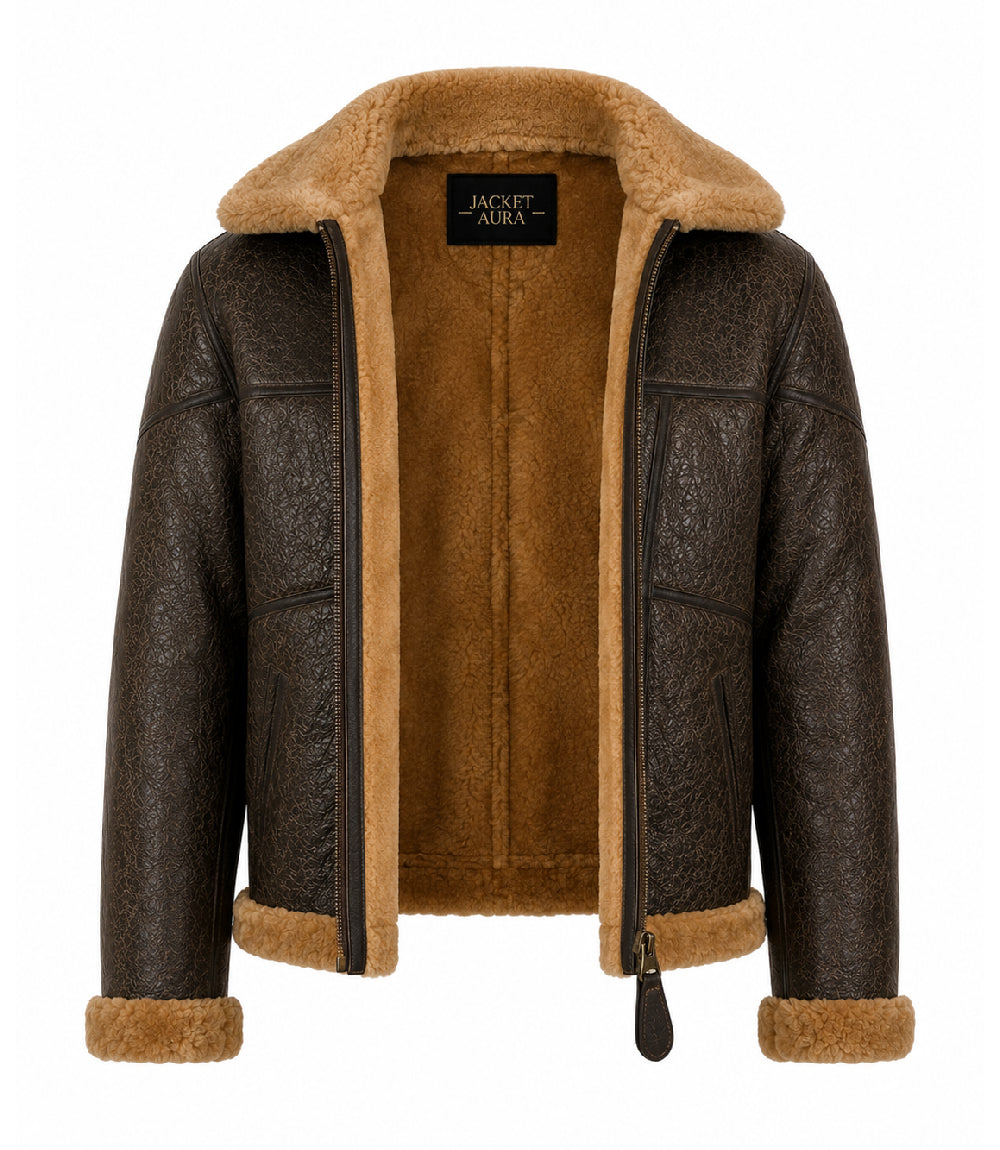 Men's Shearling Dark Brown Bomber Jacket Front - Jacket Aura 