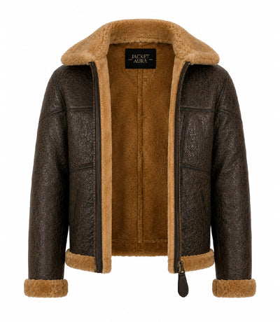Men's Shearling Dark Brown Bomber Jacket Front - Jacket Aura 