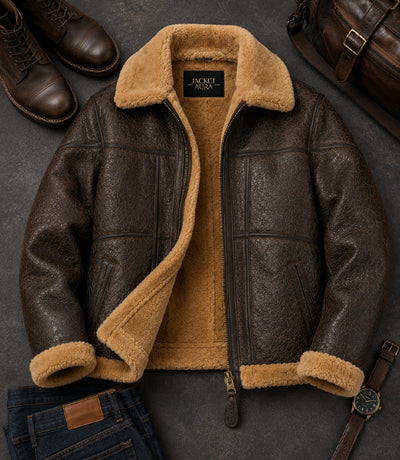 Mens Shearling Dark Brown Bomber Jacket Front View - Jacket Aura