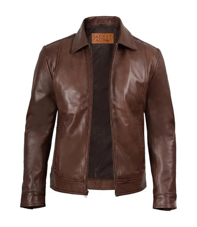 Men's Cognac Leather Harrington Jacket | Jacket Aura in XS - Jacket Aura