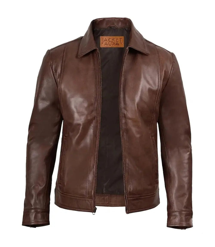 Men's Cognac Leather Harrington Jacket | Jacket Aura in XS - Jacket Aura