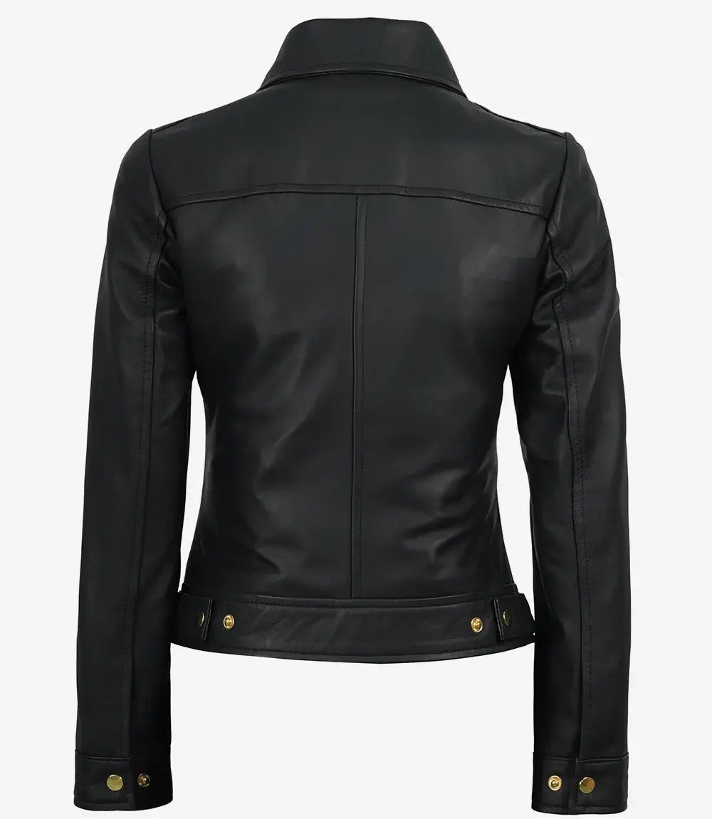 Jose Women's Black Leather Harrington Jacket with Golden Details | Jacket Aura in XS - Jacket Aura
