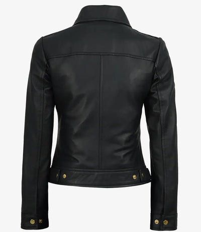 Jose Women's Black Leather Harrington Jacket with Golden Details | Jacket Aura in XS - Jacket Aura