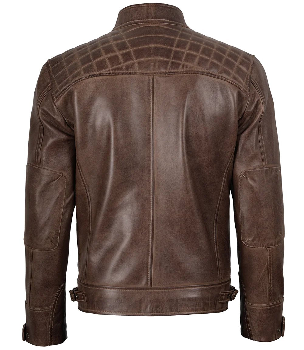Men's Chocolate Brown Leather Biker Jacket with Quilted Shoulders | Jacket Aura in XS - Jacket Aura