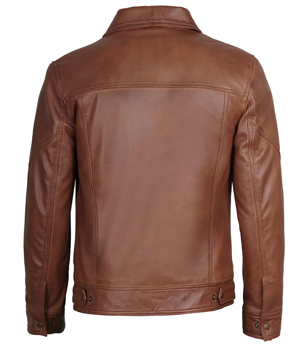Men's Cognac Leather Trucker Jacket with Shirt Collar | Jacket Aura in XS - Jacket Aura