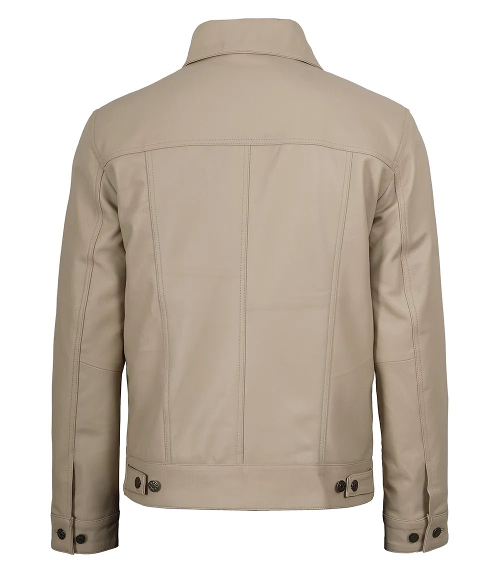 Men's Beige Leather Trucker Jacket | Jacket Aura in XS - Jacket Aura