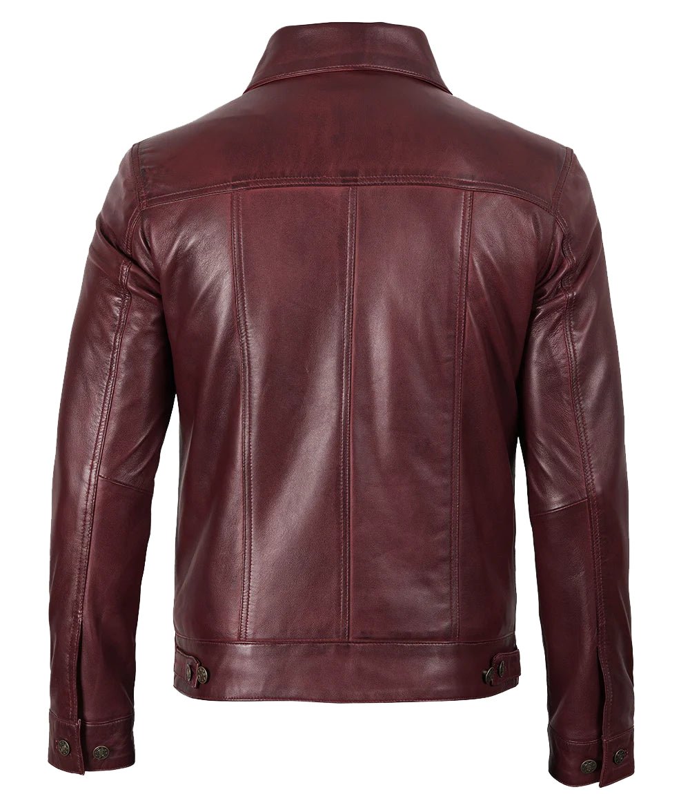 Men's Burgundy Leather Trucker Jacket | Jacket Aura in XS - Jacket Aura