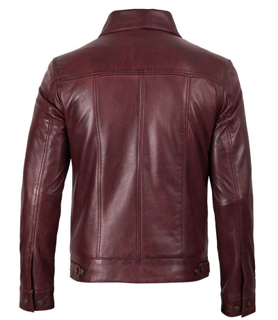 Men's Burgundy Leather Trucker Jacket | Jacket Aura in XS - Jacket Aura