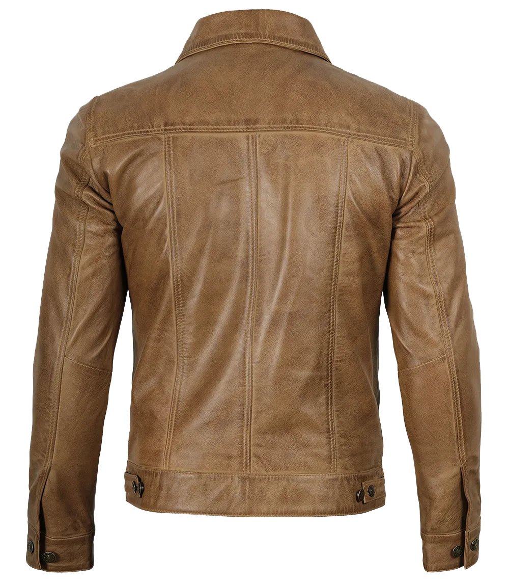 Men’s Camel Brown Leather Trucker Jacket | Jacket Aura in XS - Jacket Aura