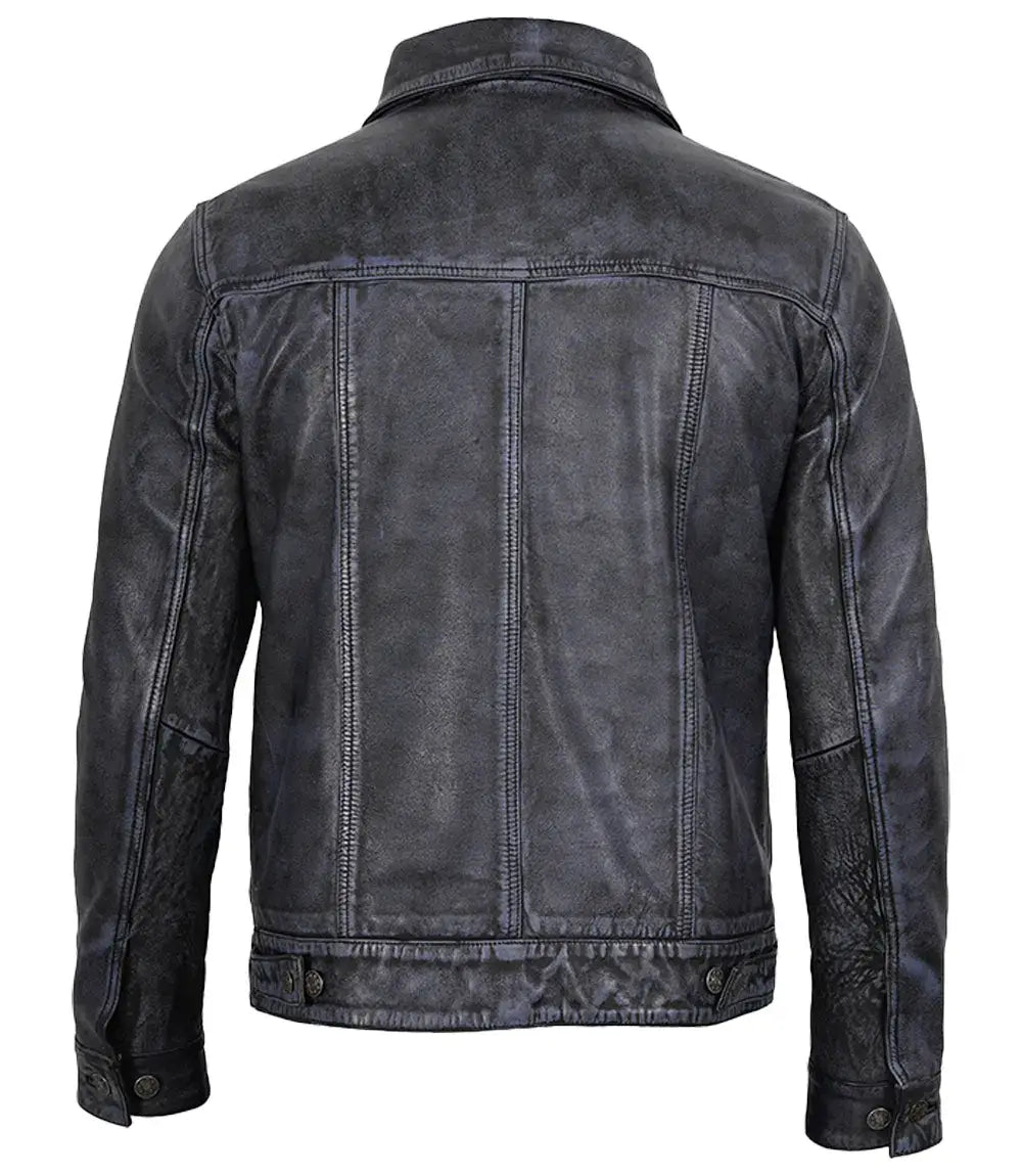 Men's Black Washed Leather Trucker Jacket | Jacket Aura in XS - Jacket Aura