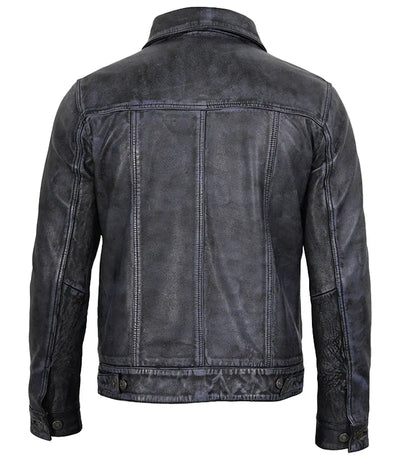 Men's Black Washed Leather Trucker Jacket | Jacket Aura in XS - Jacket Aura