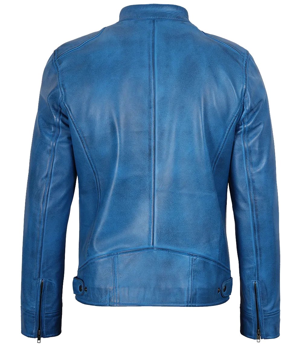 Men's Distressed Blue Leather Biker Jacket | Jacket Aura in XS - Jacket Aura