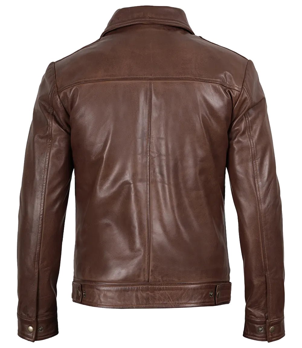 Men's Cognac Leather Harrington Jacket | Jacket Aura in XS - Jacket Aura
