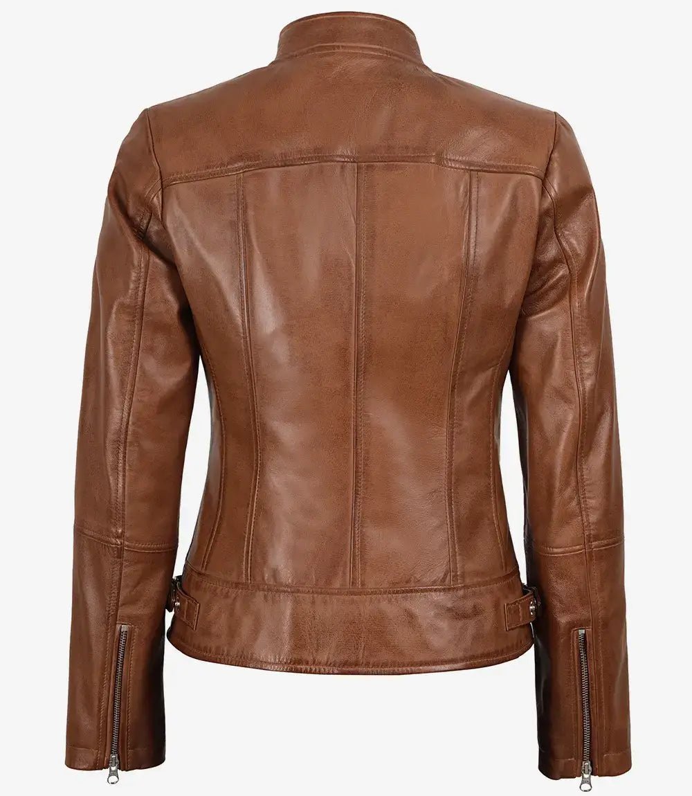 Women’s Tan Waxed Slim Fit Biker Style Leather Jacket | Jacket Aura in XS - Jacket Aura