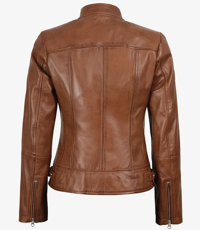 Women’s Tan Waxed Slim Fit Biker Style Leather Jacket | Jacket Aura in XS - Jacket Aura