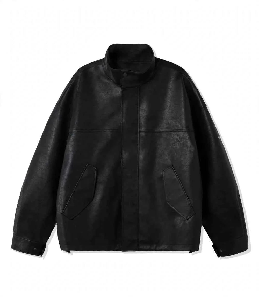 Men's Black Funnel Neck Sheepskin Leather Jacket