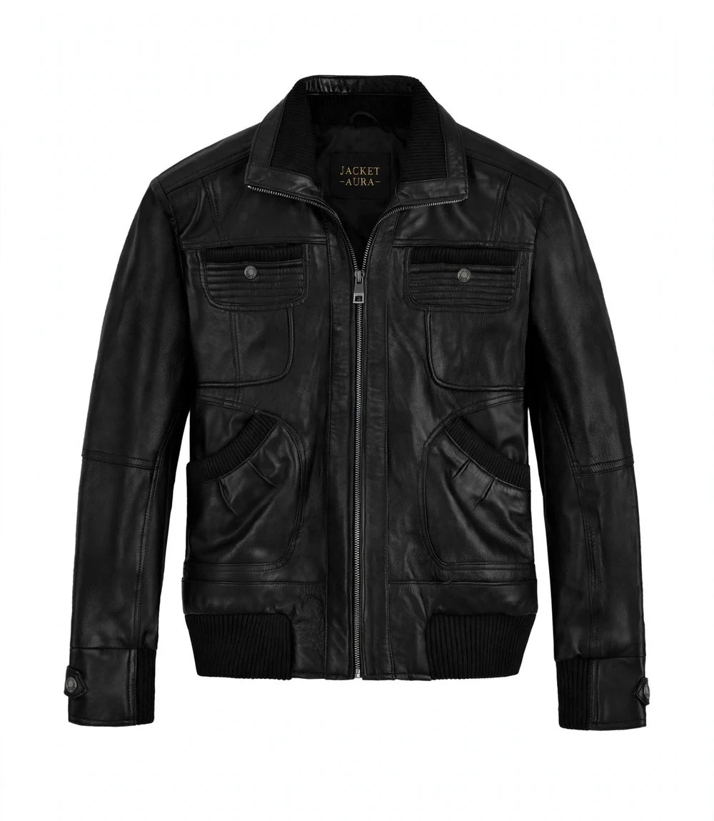 Shop Men's Black Multi Pocket Sheepskin Leather Jacket - Jacket Aura