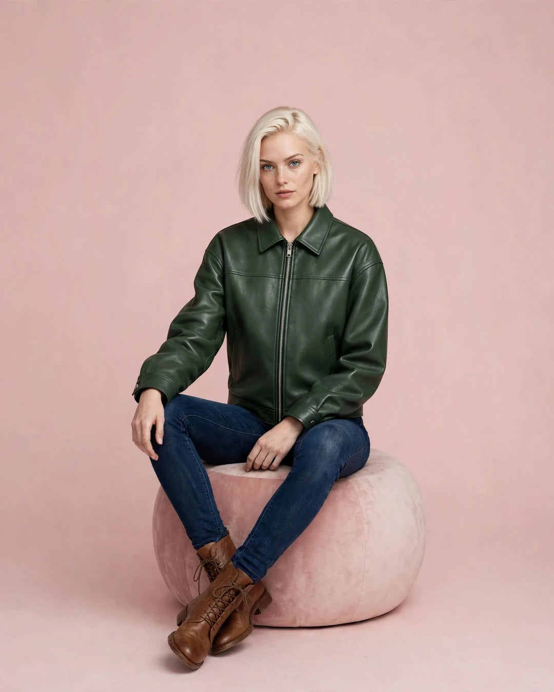 Shop Women's Oversized Forest Green Full Grain Bomber Jacket - Jacket Aura