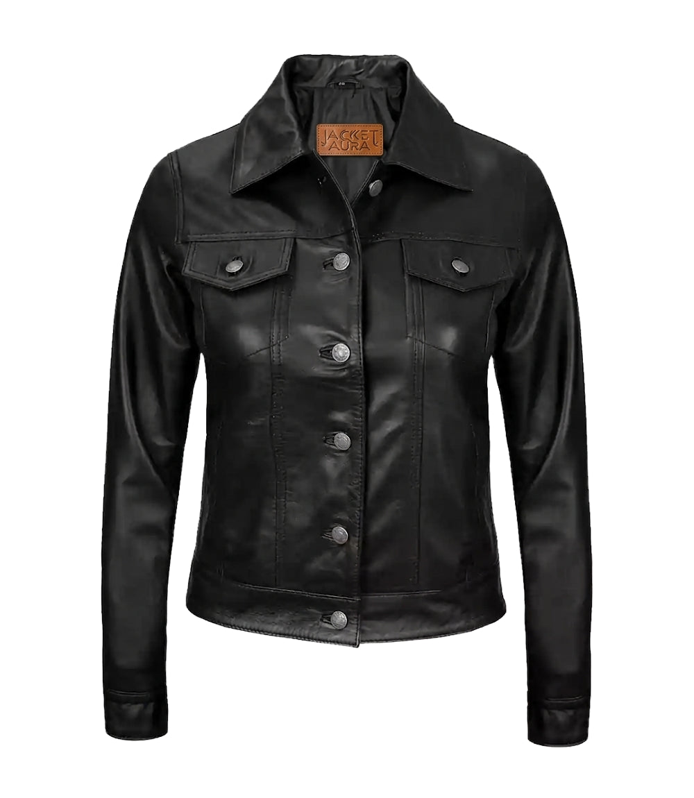 Women’s Black Lambskin Leather Four - Pocket Trucker Jacket | Jacket Aura in XS - Jacket Aura