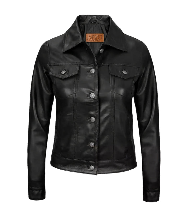 Women’s Black Lambskin Leather Four - Pocket Trucker Jacket | Jacket Aura in XS - Jacket Aura