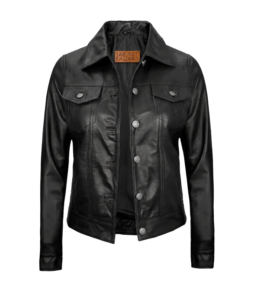 Women’s Black Lambskin Leather Four - Pocket Trucker Jacket | Jacket Aura in XS - Jacket Aura