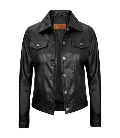 Women’s Black Lambskin Leather Four - Pocket Trucker Jacket | Jacket Aura in XS - Jacket Aura