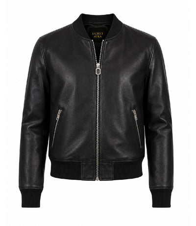 Women’s Black Leather Bomber Jacket in XS - Jacket Aura