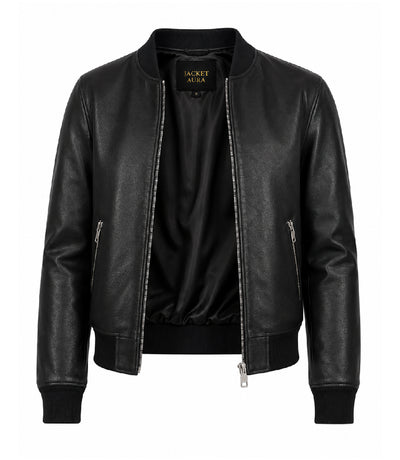 Women’s Black Leather Bomber Jacket in XS - Jacket Aura