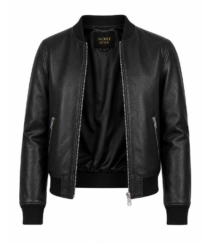 Women’s Black Leather Bomber Jacket in XS - Jacket Aura