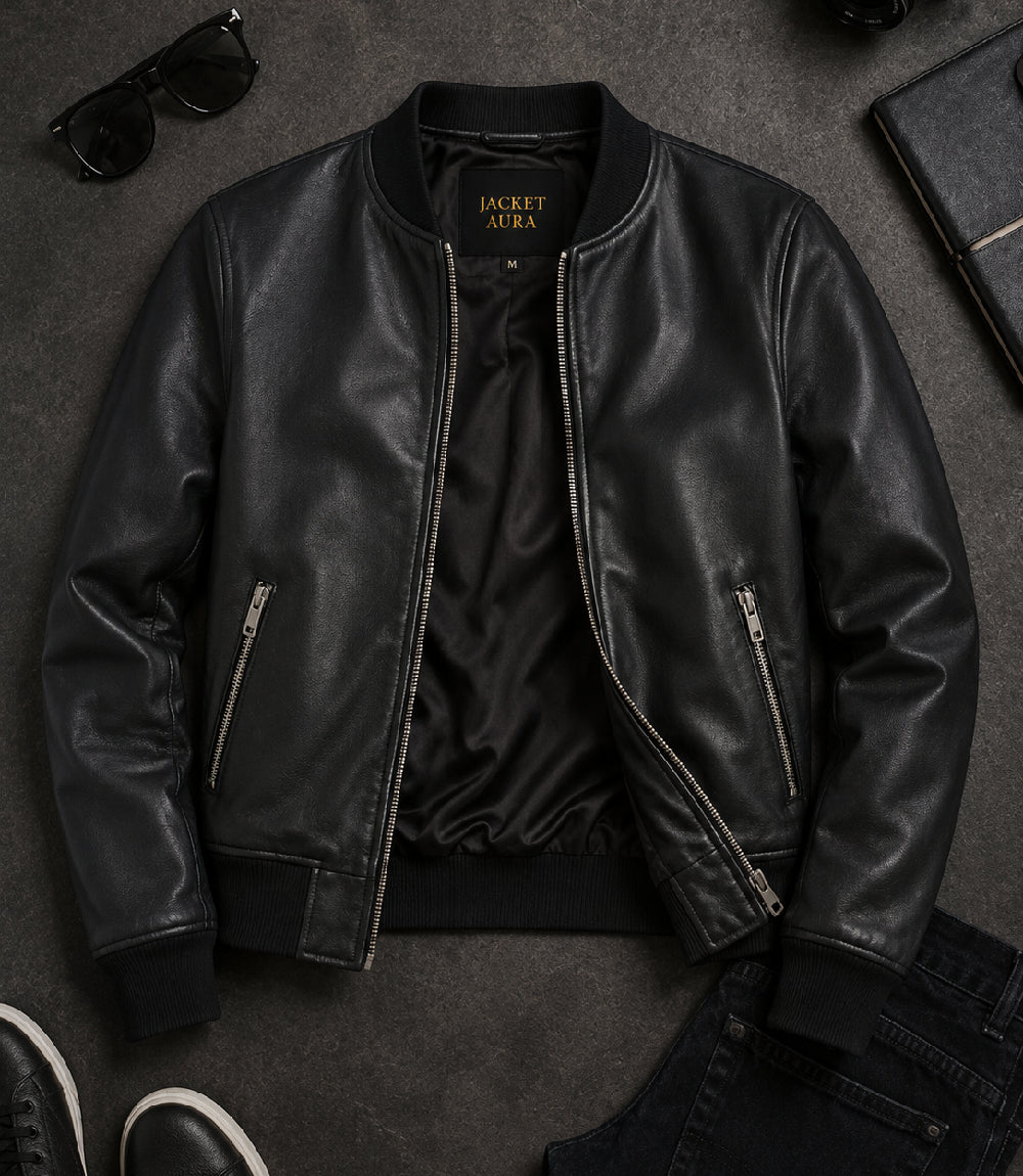 Women’s Black Leather Bomber Jacket in XS - Jacket Aura