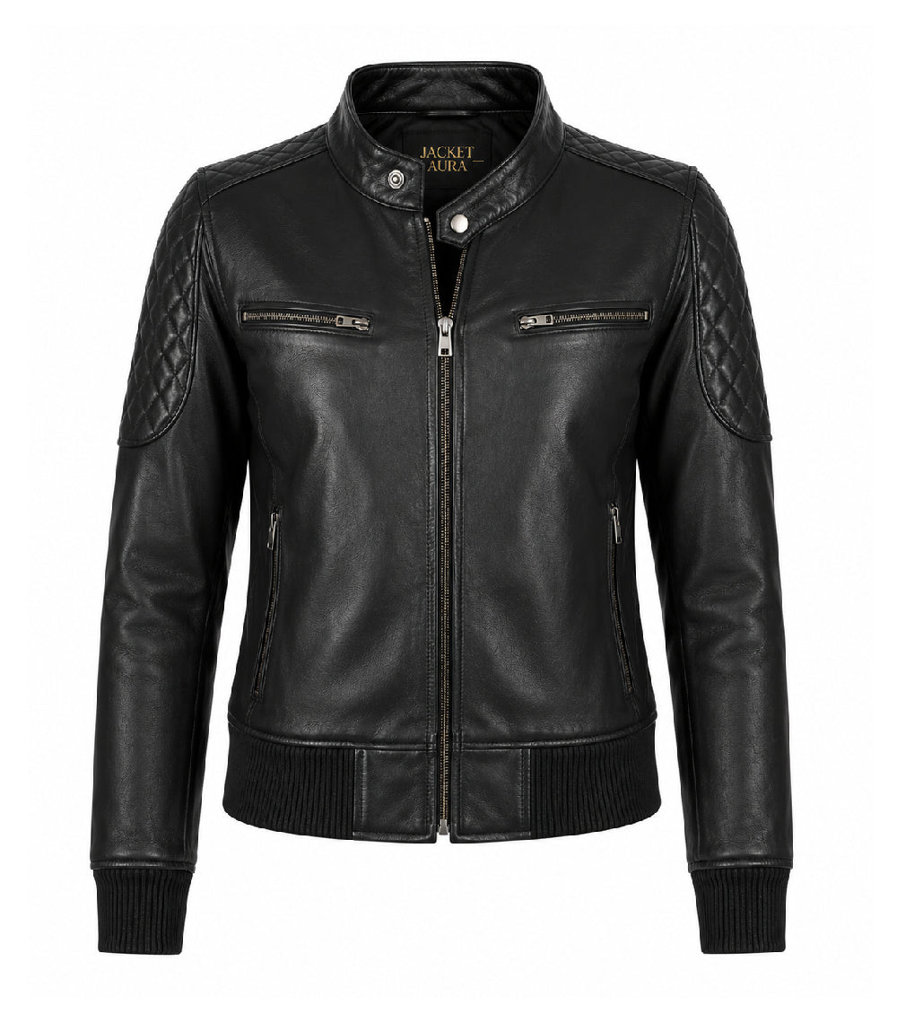 Women’s Black Leather Quilted Bomber Jacket in XS - Jacket Aura