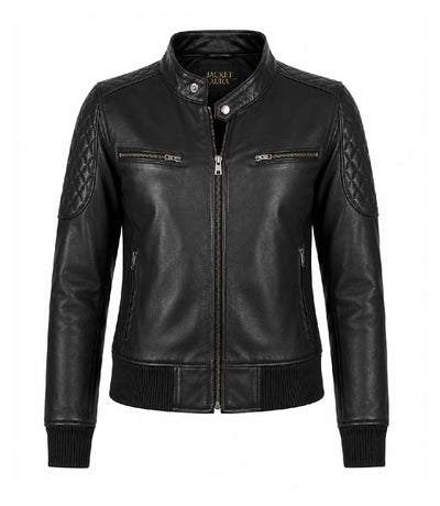 Women’s Black Leather Quilted Bomber Jacket in XS - Jacket Aura