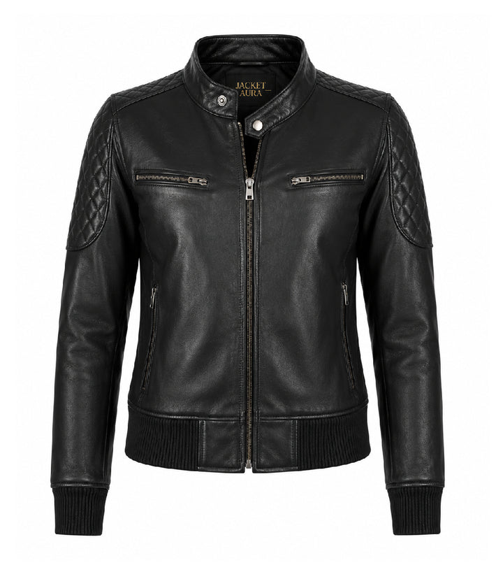 Women’s Black Leather Quilted Bomber Jacket in XS - Jacket Aura